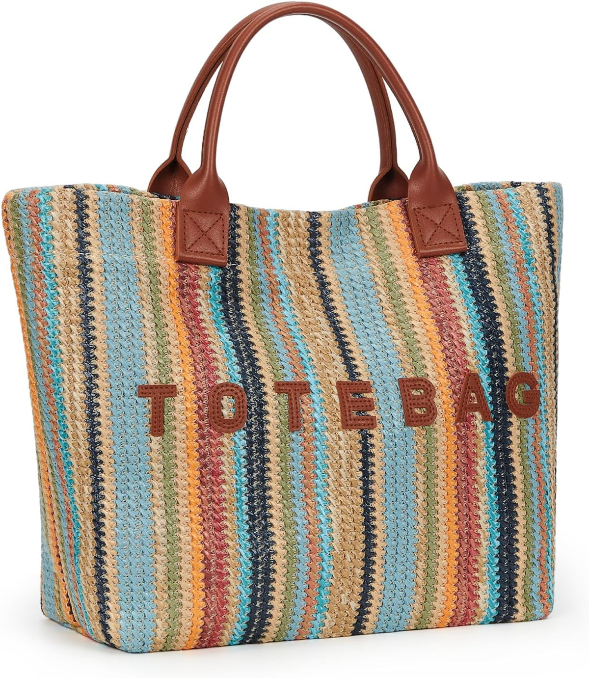 Rainbow Striped Straw Tote Bag
