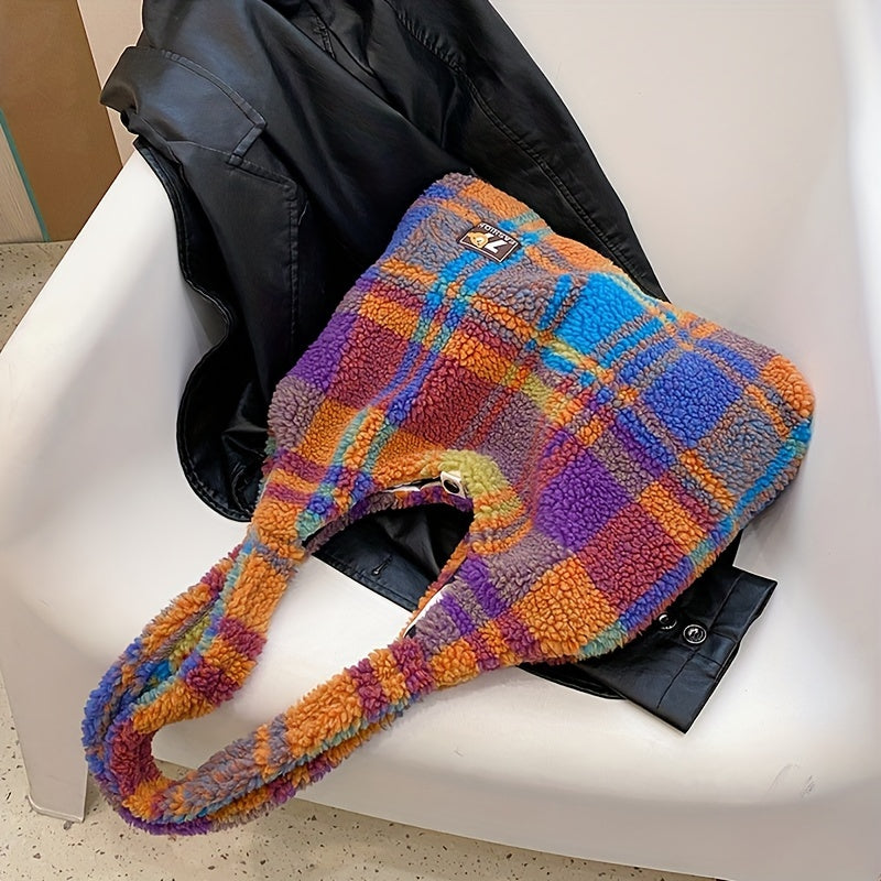Colorful Checkered Plush Tote Bag