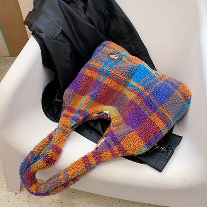 Colorful Checkered Plush Tote Bag