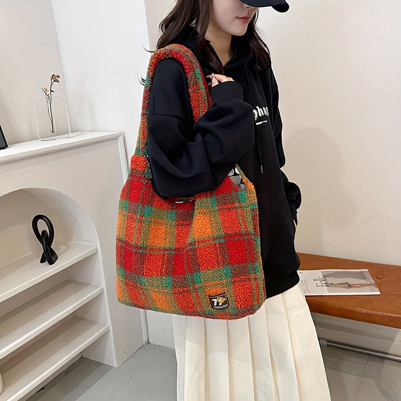 Colorful Checkered Plush Tote Bag