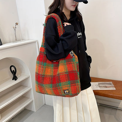 Colorful Checkered Plush Tote Bag