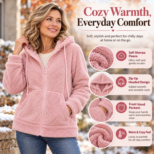 2026 Women’s Cozy Teddy Fleece Hooded Jacket – Warm Zip-Up Plush Cardigan