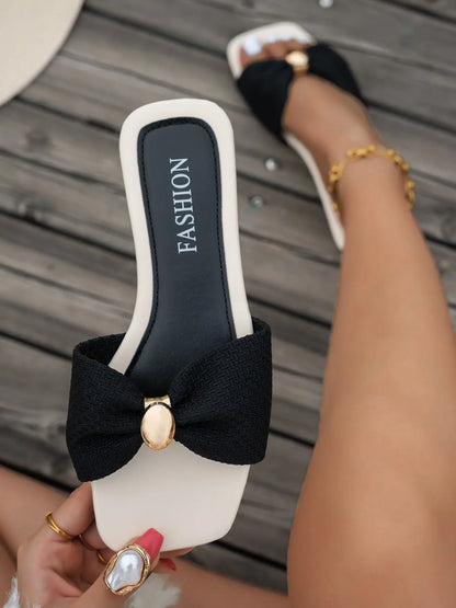 Women's Simple Beach Vacation Slide Flat Sandals, Casual Low Heel Slippers, Square Toe, Medium Width, Fabric Upper, PVC Sole