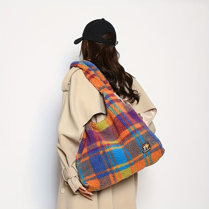 Colorful Checkered Plush Tote Bag