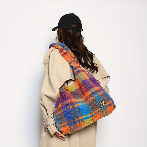 Colorful Checkered Plush Tote Bag