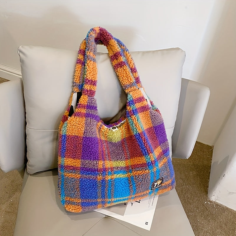 Colorful Checkered Plush Tote Bag