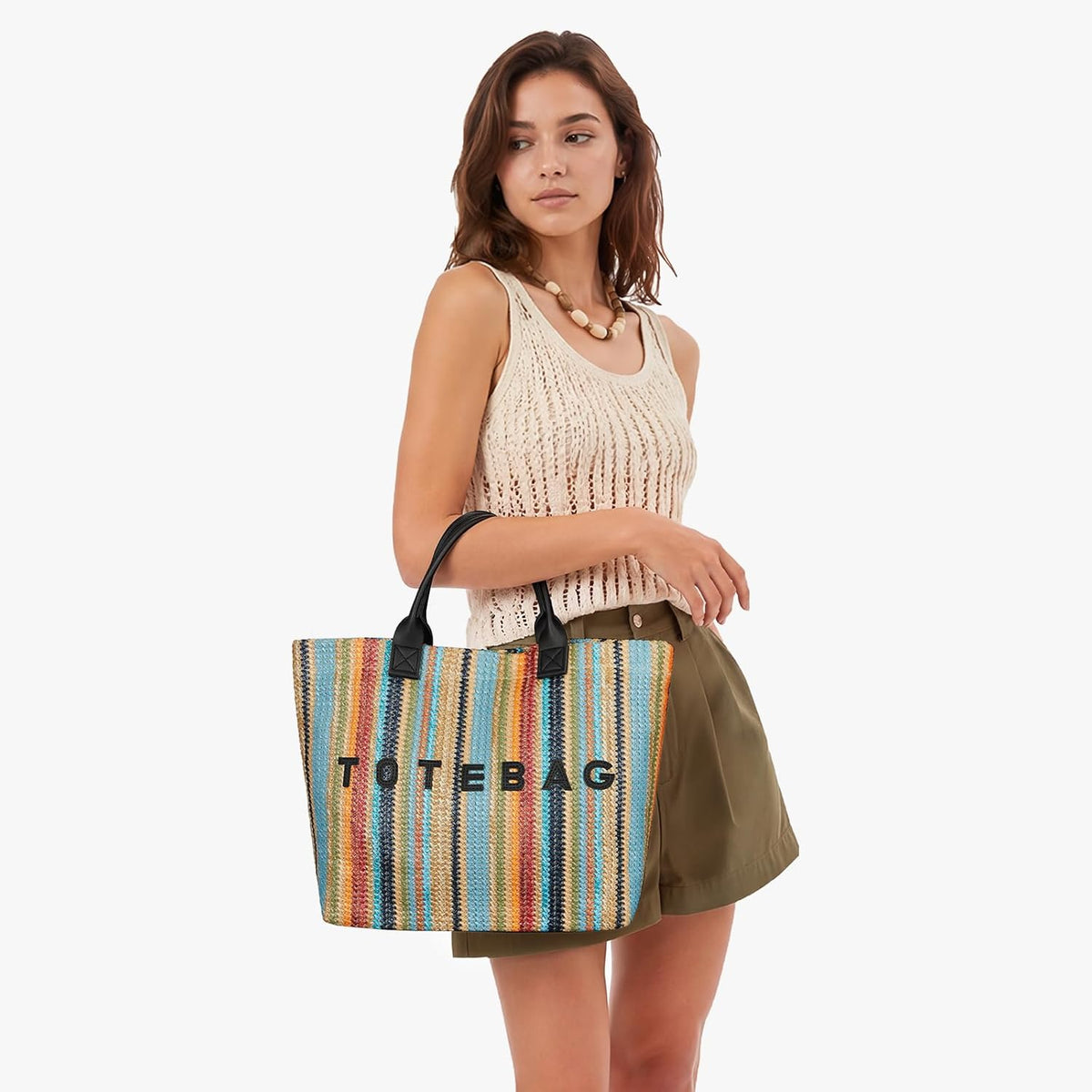 Rainbow Striped Straw Tote Bag