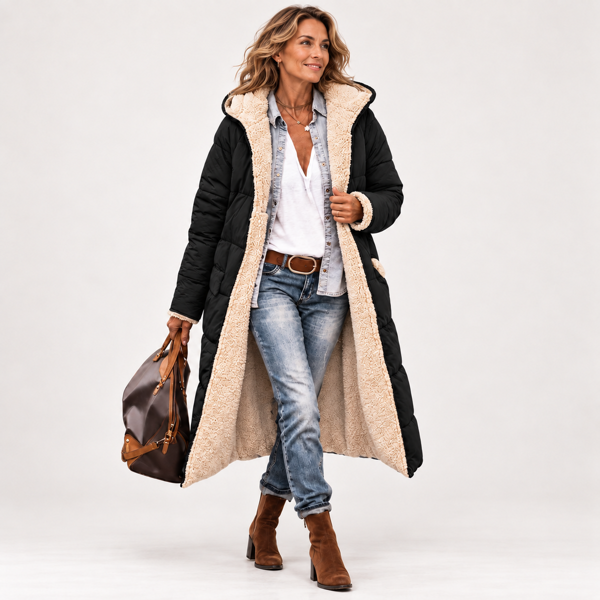Women's Winter Fleece Warm Long Coats Sherpa Faux Fur,Hooded Neck,Long Sleeve,Zip Up Pockets,Oversized Loose Fit,Trendy Puffer Down Jacket,Fall Fashion Clothing