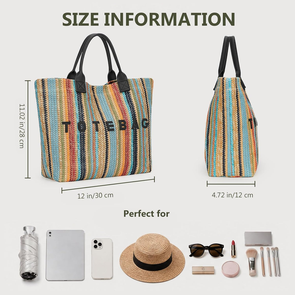 Rainbow Striped Straw Tote Bag