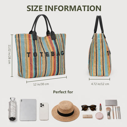 Rainbow Striped Straw Tote Bag