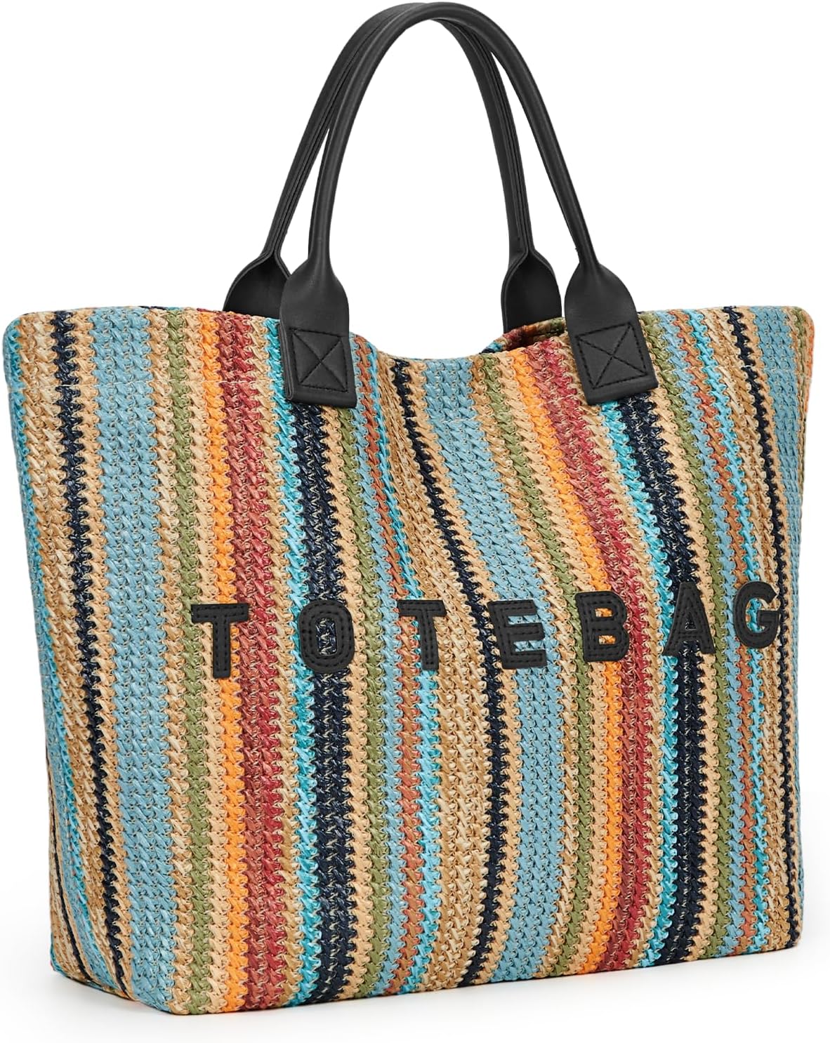 Rainbow Striped Straw Tote Bag