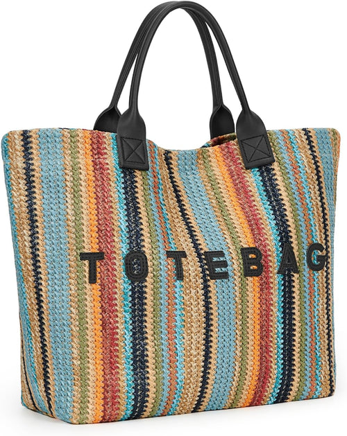 Rainbow Striped Straw Tote Bag