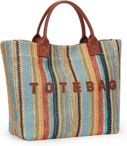Rainbow Striped Straw Tote Bag