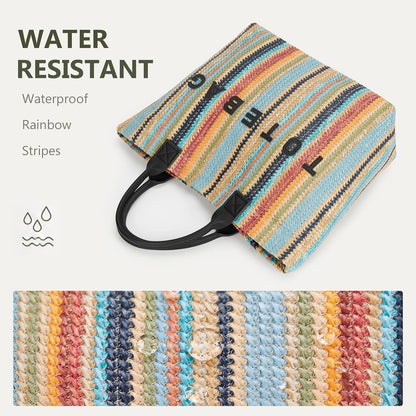 Rainbow Striped Straw Tote Bag
