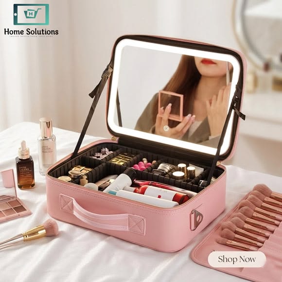 Large Capacity LED Makeup Bag with Mirror | Portable Cosmetic Organizer Case