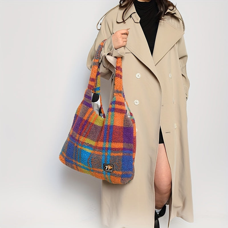 Colorful Checkered Plush Tote Bag