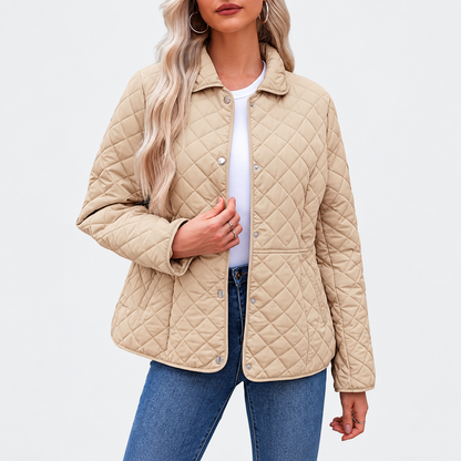 Women's Winter Quilted Jackets Long Sleeve Button Down Diamond Puffer Jacket Outerwear Coats with Pockets