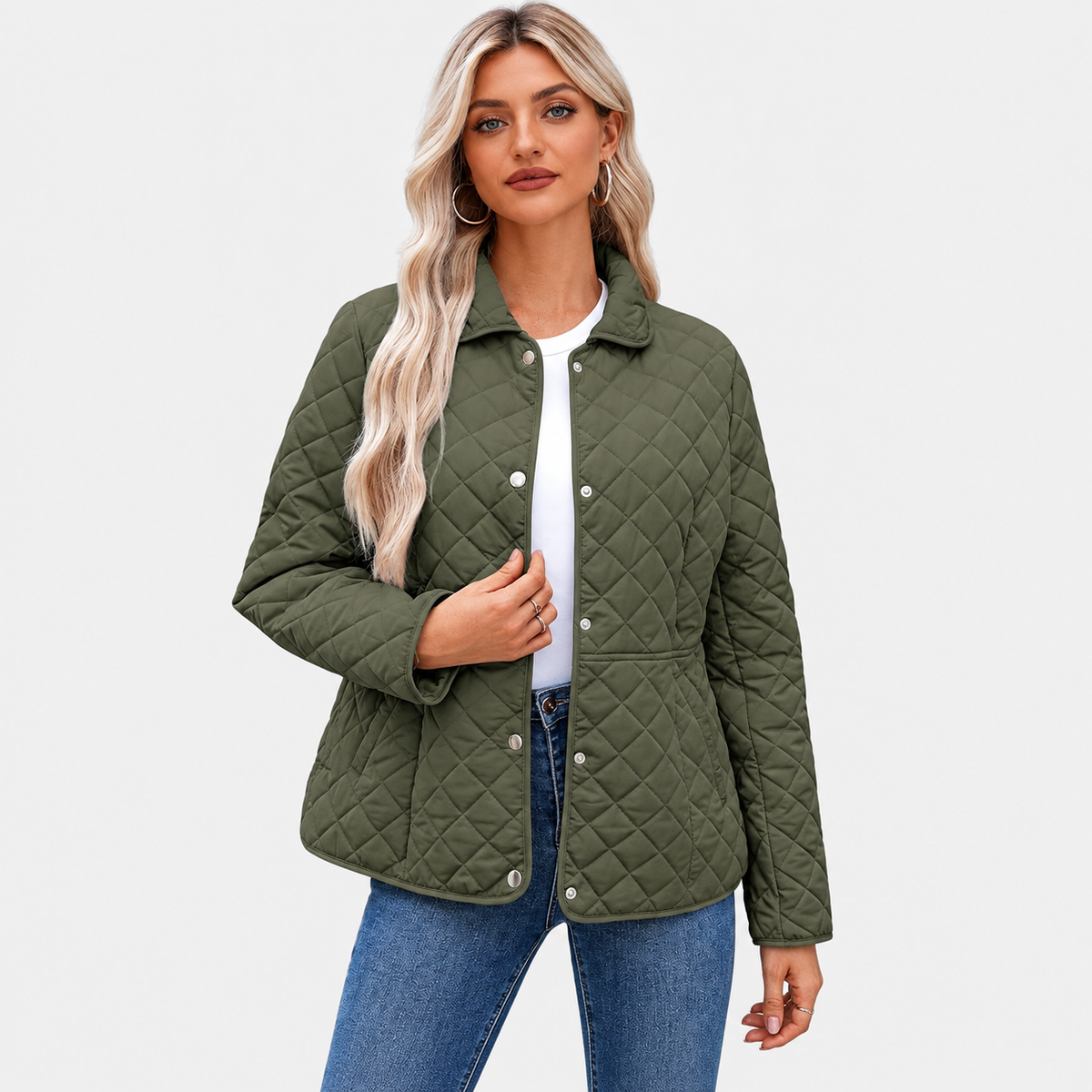 Women's Winter Quilted Jackets Long Sleeve Button Down Diamond Puffer Jacket Outerwear Coats with Pockets