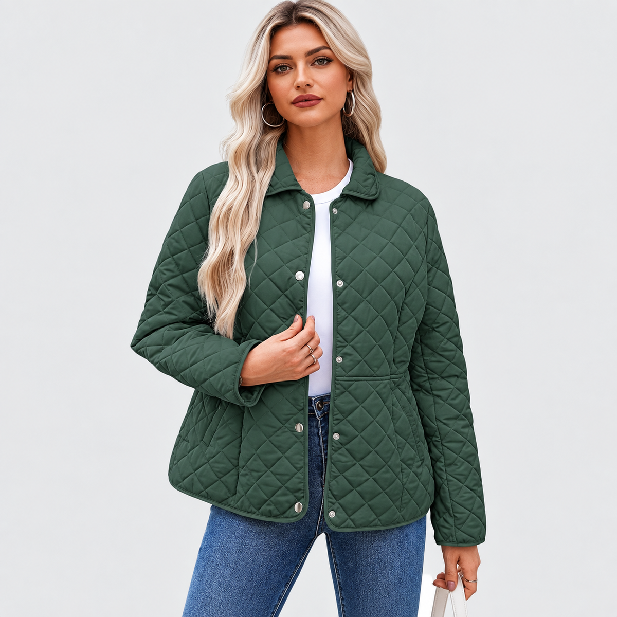 Women's Winter Quilted Jackets Long Sleeve Button Down Diamond Puffer Jacket Outerwear Coats with Pockets
