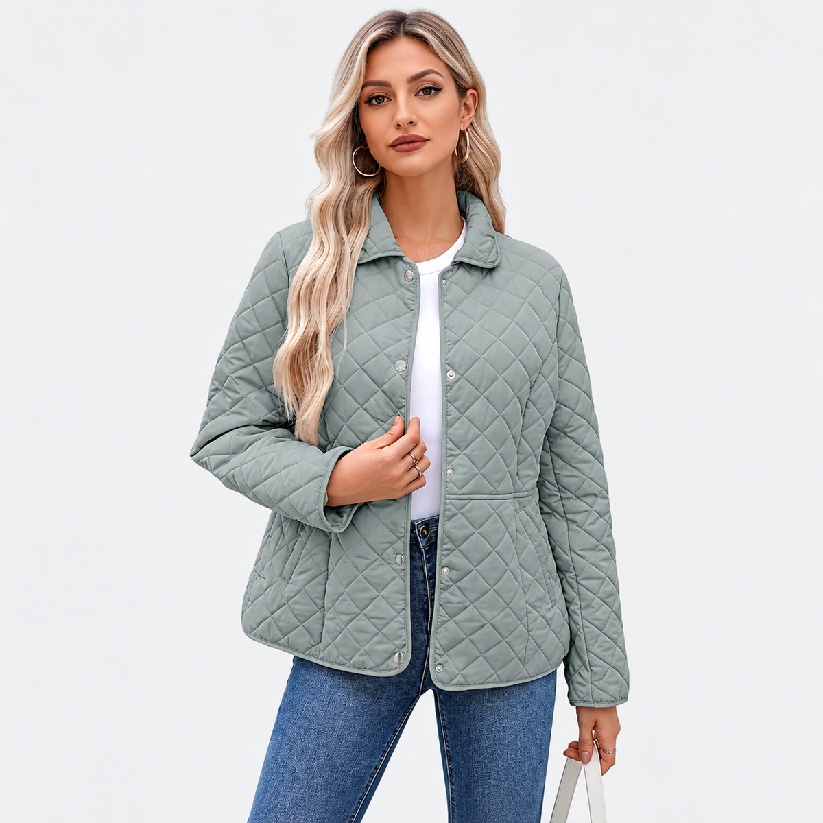 Women's Winter Quilted Jackets Long Sleeve Button Down Diamond Puffer Jacket Outerwear Coats with Pockets