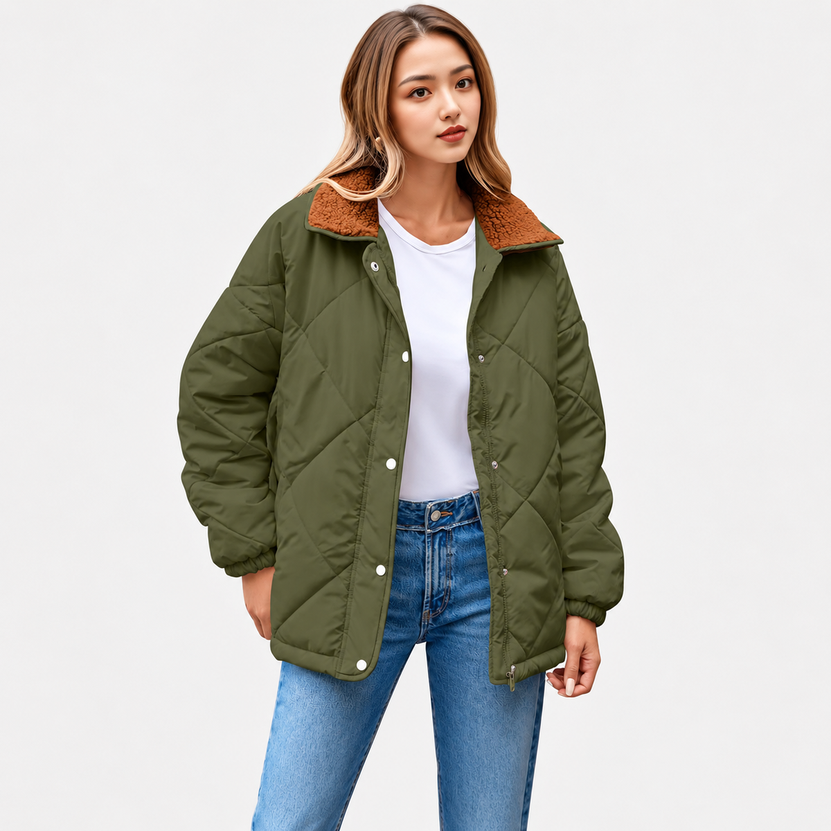 Women's Long Sleeve Quilted Jackets Zip Up Snap Button Padded Coat