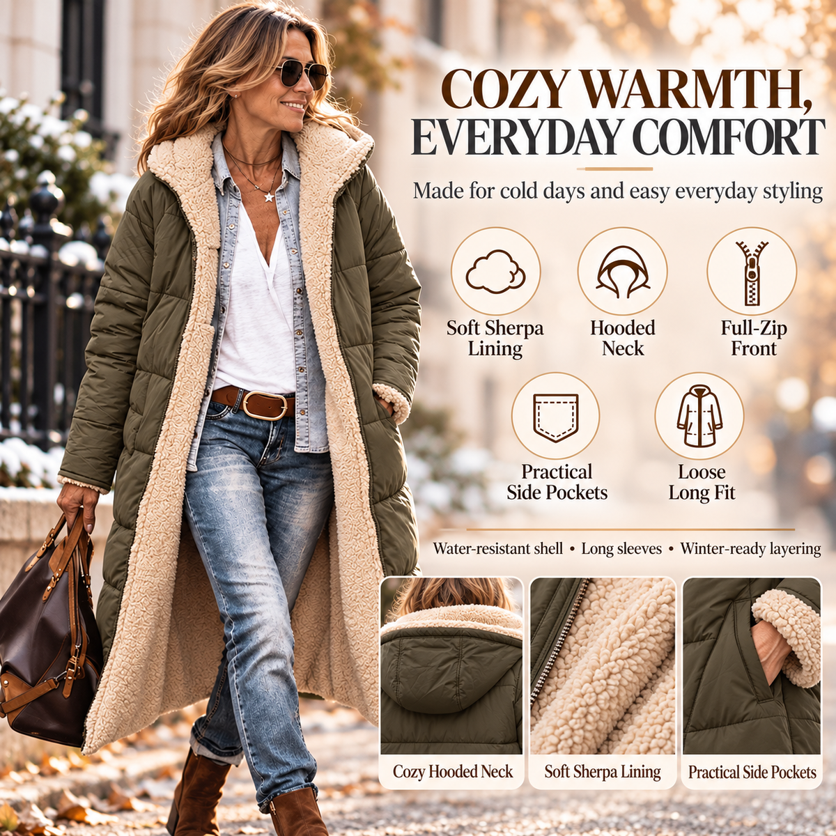 Women's Winter Fleece Warm Long Coats Sherpa Faux Fur,Hooded Neck,Long Sleeve,Zip Up Pockets,Oversized Loose Fit,Trendy Puffer Down Jacket,Fall Fashion Clothing