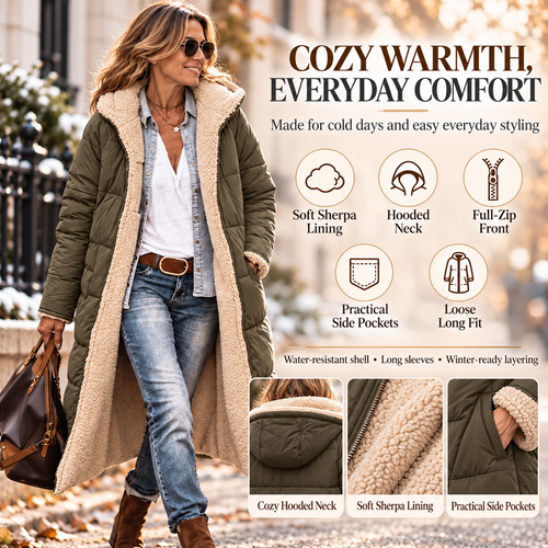 Women's Winter Fleece Warm Long Coats Sherpa Faux Fur,Hooded Neck,Long Sleeve,Zip Up Pockets,Oversized Loose Fit,Trendy Puffer Down Jacket,Fall Fashion Clothing