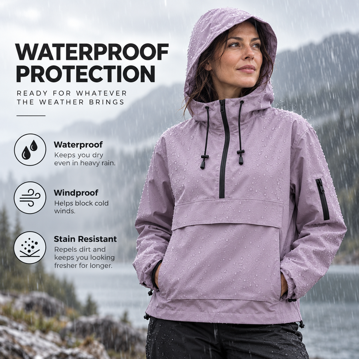 Rain Jacket Women, Women’s Lightweight Anorak Pullover Hoodie Jacket, Water-Resistant