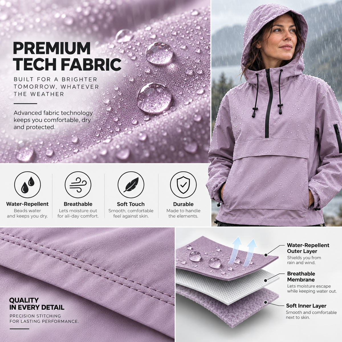 Rain Jacket Women, Women’s Lightweight Anorak Pullover Hoodie Jacket, Water-Resistant