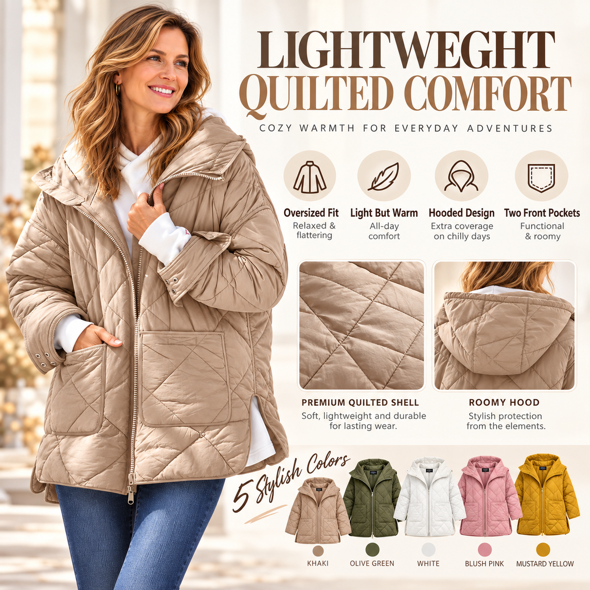 Womens Quilted Puffer Jacket Hooded Winter Coat Lightweight Jacket