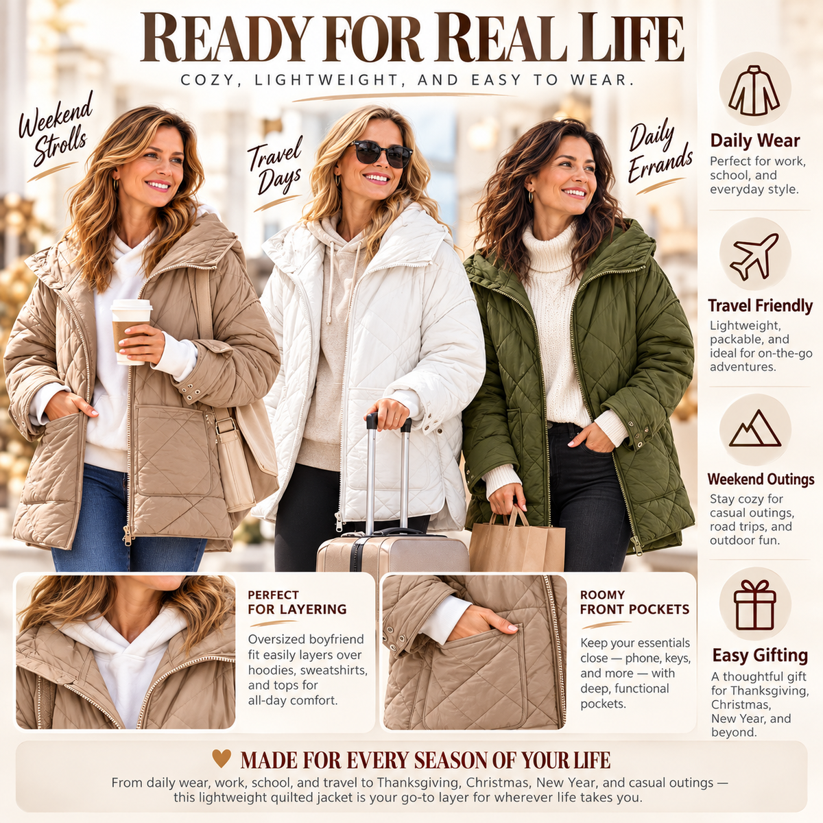 Womens Quilted Puffer Jacket Hooded Winter Coat Lightweight Jacket
