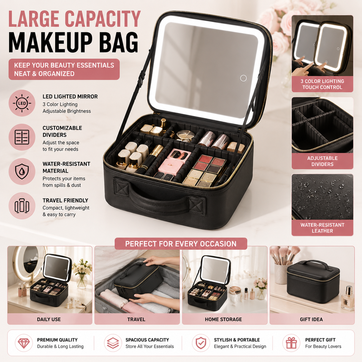 Large Capacity LED Makeup Bag with Mirror | Portable Cosmetic Organizer Case