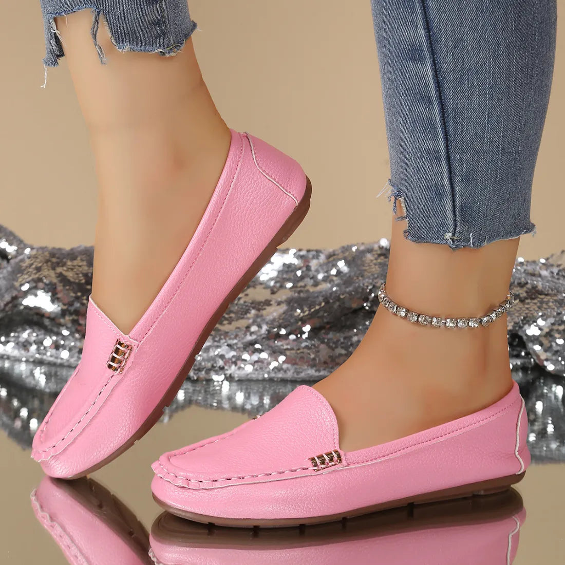 Women – Comfortable Slip-On Flats with Gold Buckle Detail