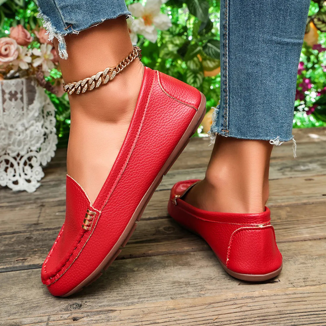 Women – Comfortable Slip-On Flats with Gold Buckle Detail