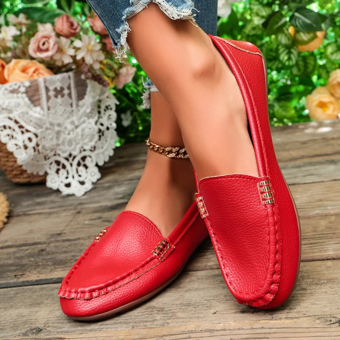 Women – Comfortable Slip-On Flats with Gold Buckle Detail