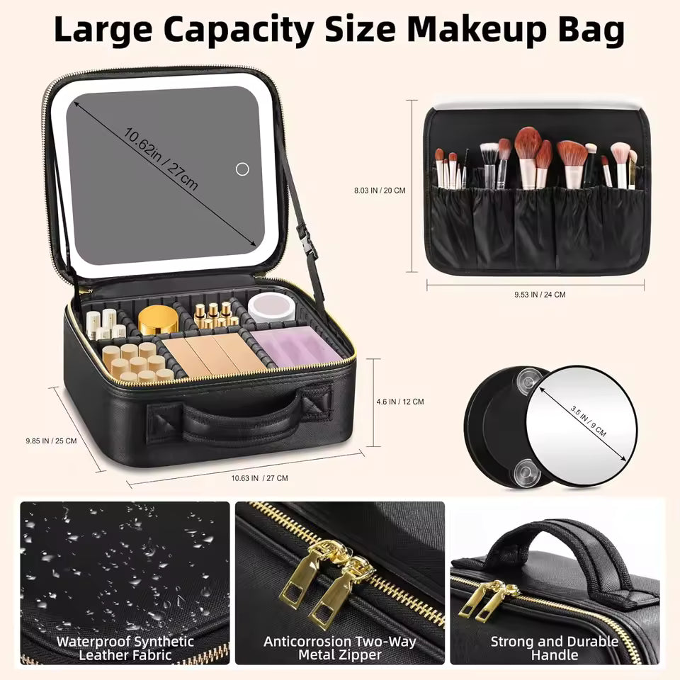 Large Capacity LED Makeup Bag with Mirror | Portable Cosmetic Organizer Case