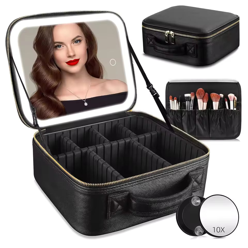 Large Capacity LED Makeup Bag with Mirror | Portable Cosmetic Organizer Case