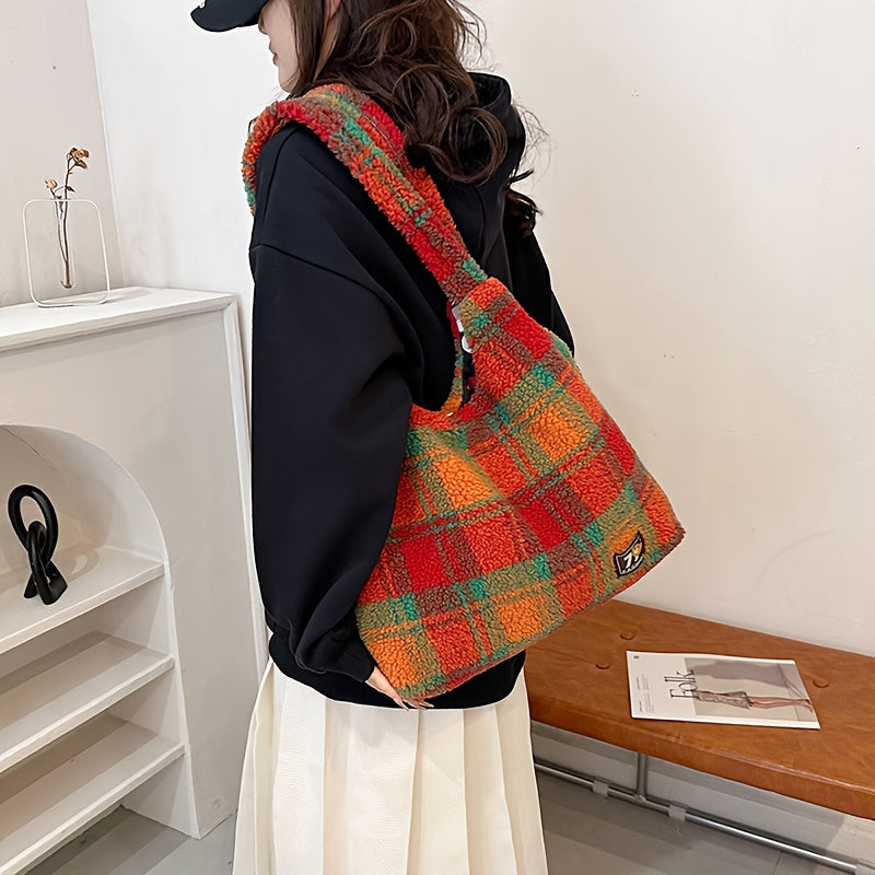 Colorful Checkered Plush Tote Bag
