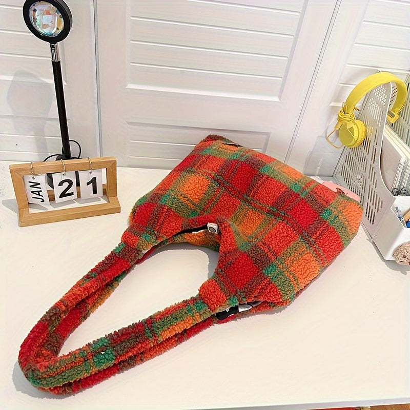 Colorful Checkered Plush Tote Bag