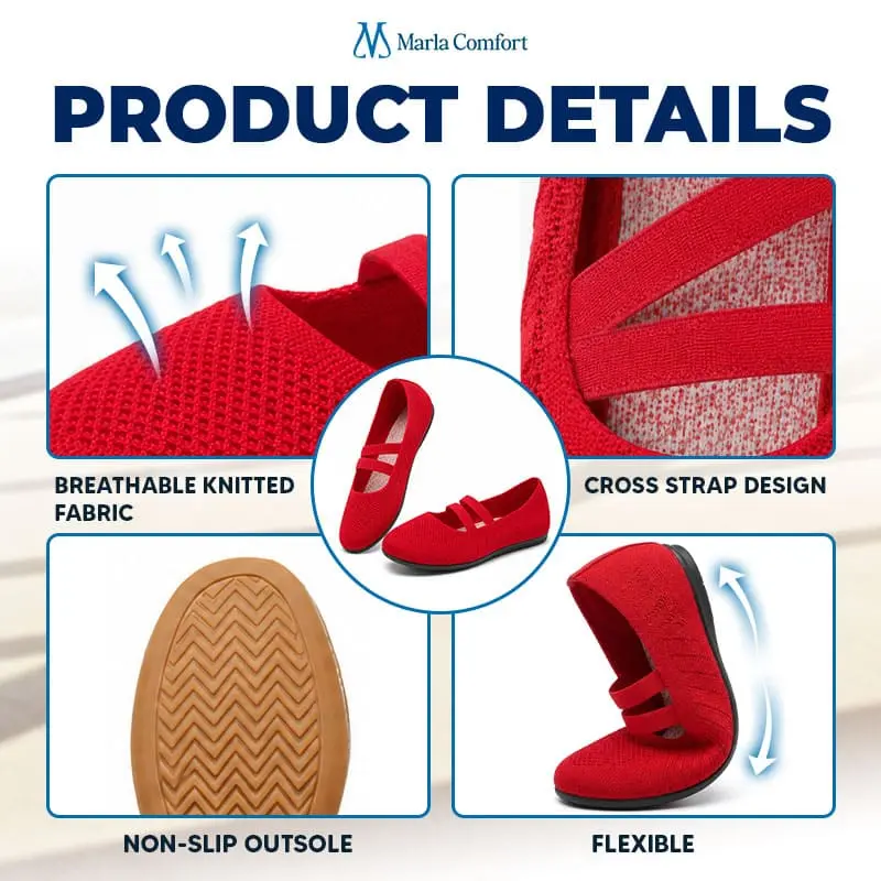Marla Comfort - Women's Wide Toe Box Knit Mary Jane Flats, Slip-On Non-Slip Walking Shoes