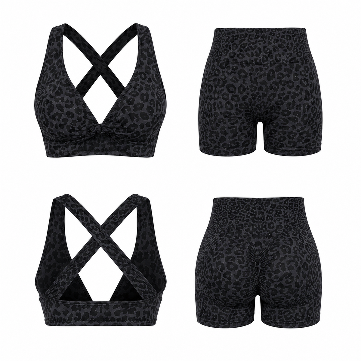 Charcoal Leopard VYRA Sculpt Seamless Activewear Set, front and back views